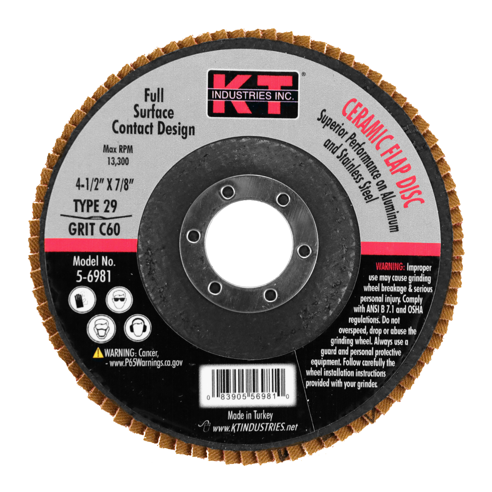 K-T Industries Ceramic Flap Disc — T29, 60 Grit, 4 1/2in. x 7/8in., Model# 5-6981